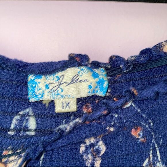 J Gee Sundress XL Midi Smocked Boho Print Bell Sleeves Blue Purple - Picture 3 of 8